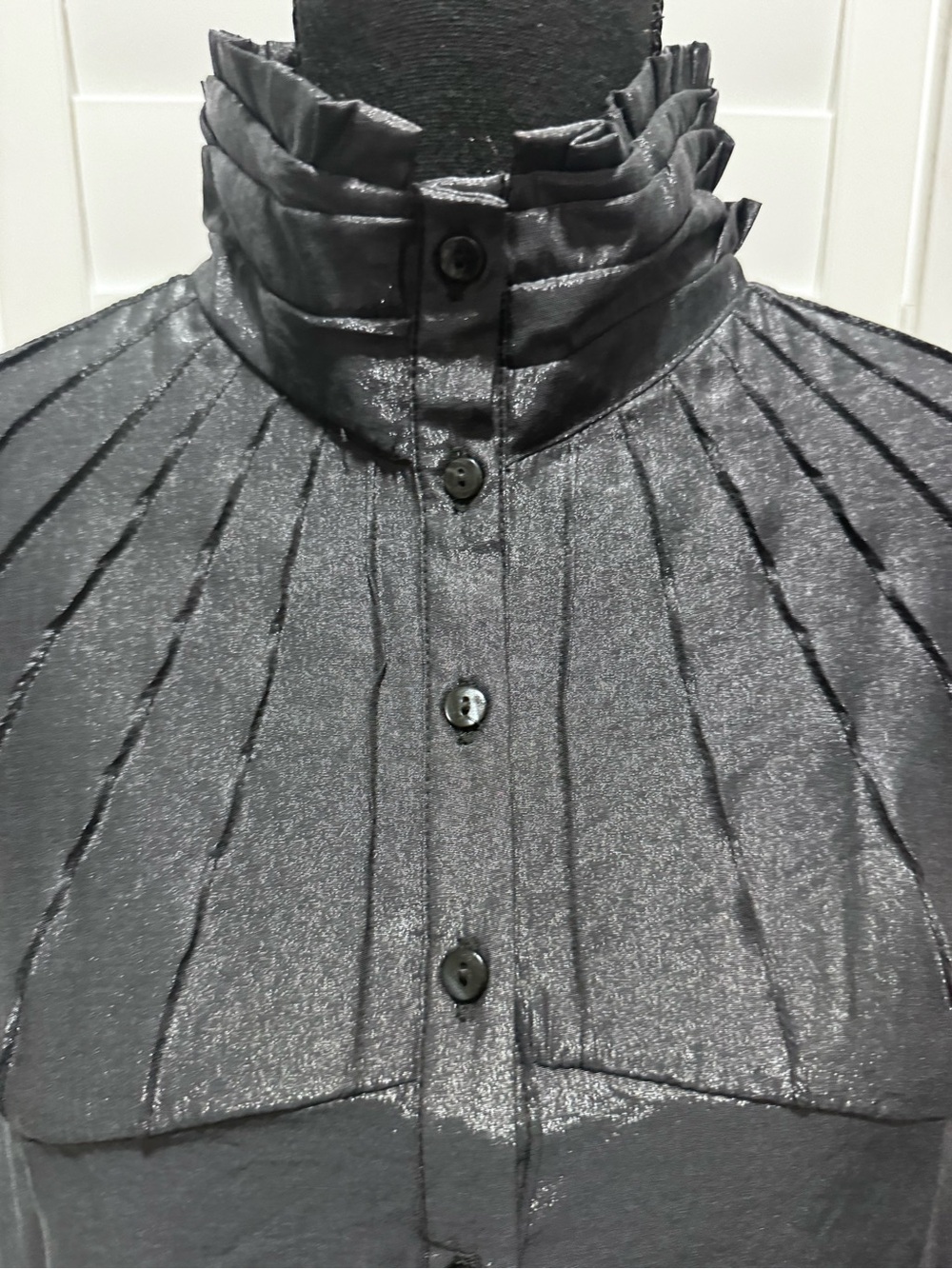 VOICE Metallic Black Silk Cotton Ruffle High Neck Blouse XL NWT